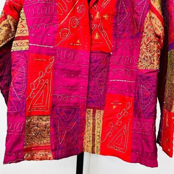 Chico's Patchwork Jacket Size 1 Silk Blend Boho Embroidered Button Front Lined - Picture 10 of 14